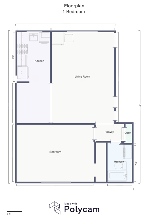 Floor plan for 1 bed, 1 bath, 670 sqft